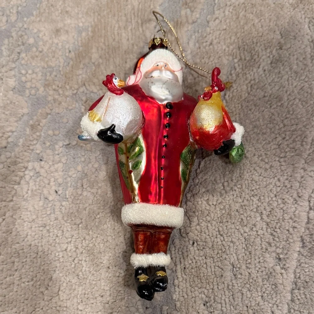 🎅 🐓 Vintage Santa Holding Chickens Glass Christmas Ornament Large 6.5
